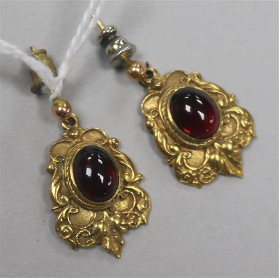 A pair of Victorian style 9ct gold and garnet set drop earrings.